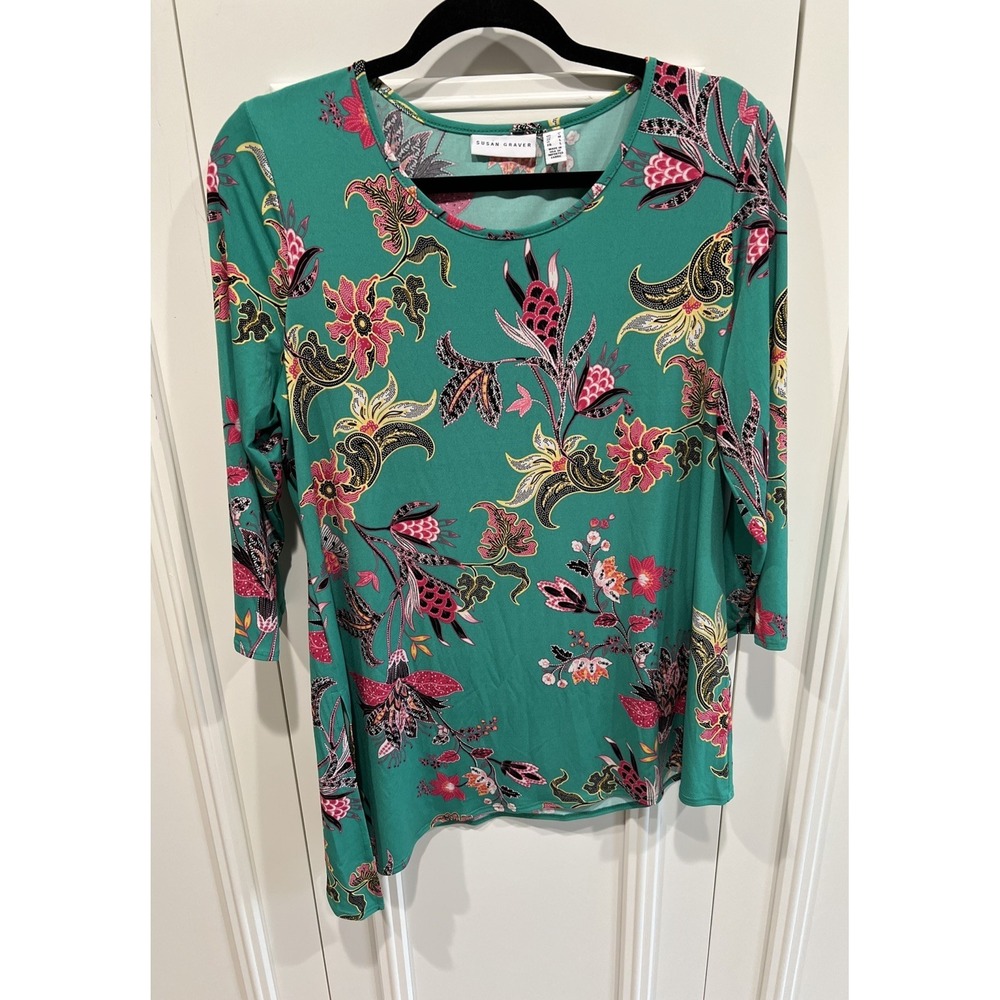 Susan Graver‎ Vibrant Green Floral Tunic Top Asymmetric Tropical Resort Cruise